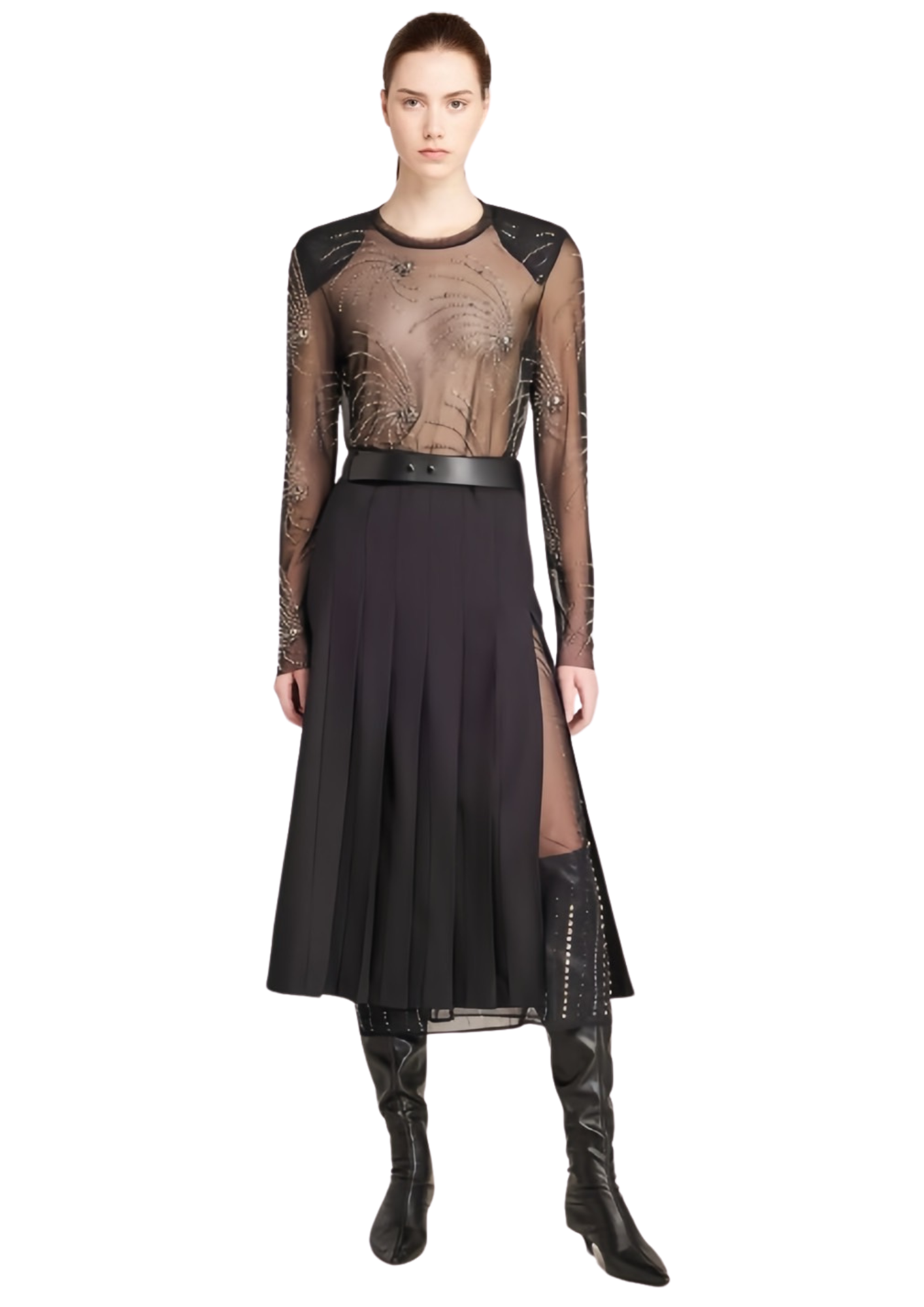 開岔百褶A字裙搭配內襯鑽飾鉚釘