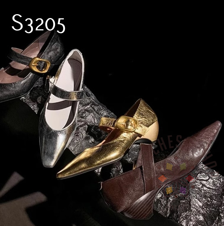 S3205 - 全真皮羊皮暗紋一字帶尖頭船踭鞋