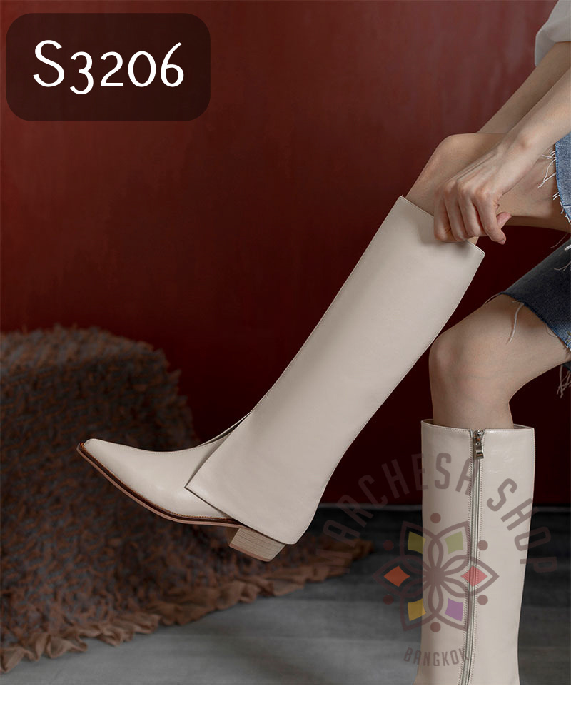 S3206 - 全真皮小羊皮反摺V疊尖頭低踭長靴