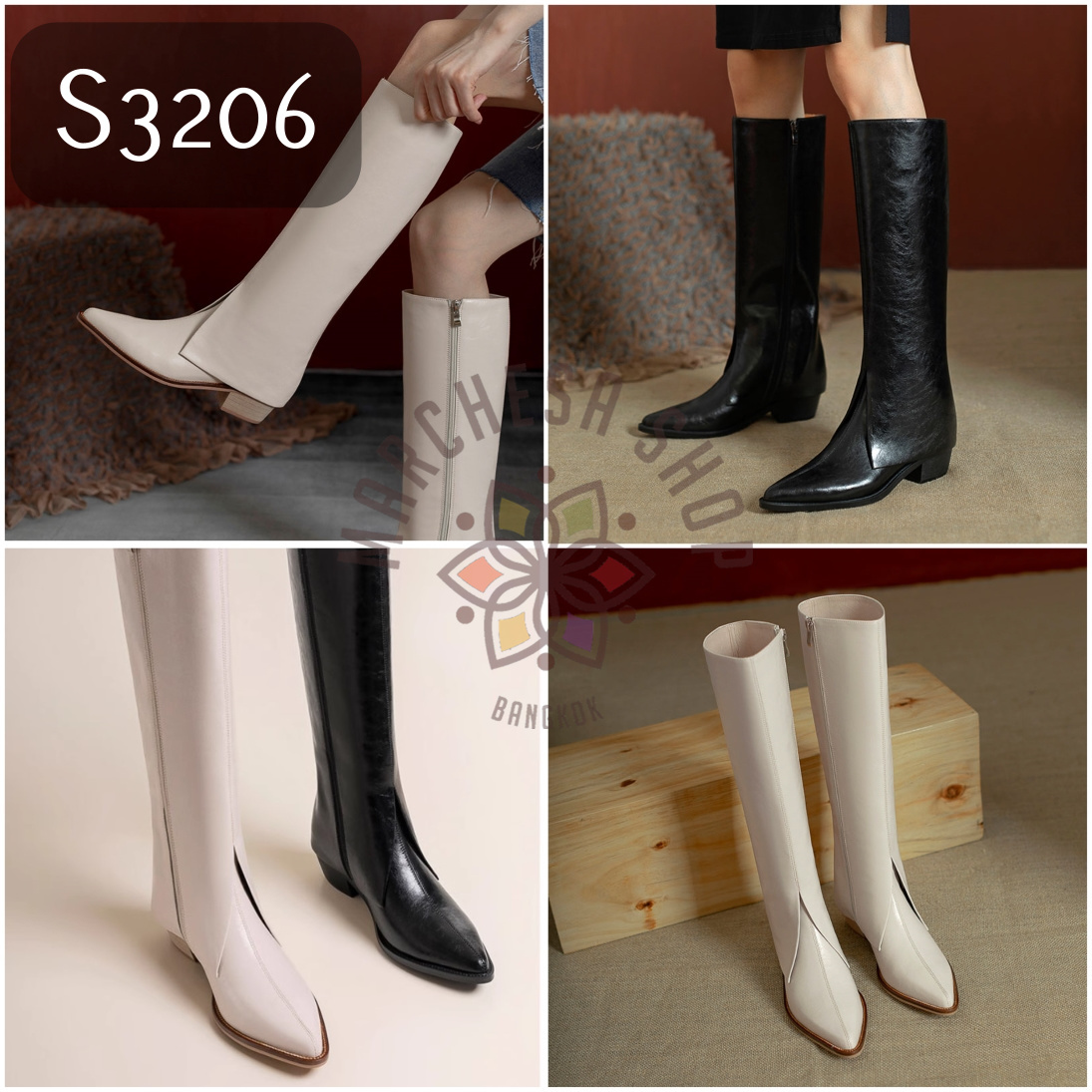 S3206 - 全真皮小羊皮反摺V疊尖頭低踭長靴