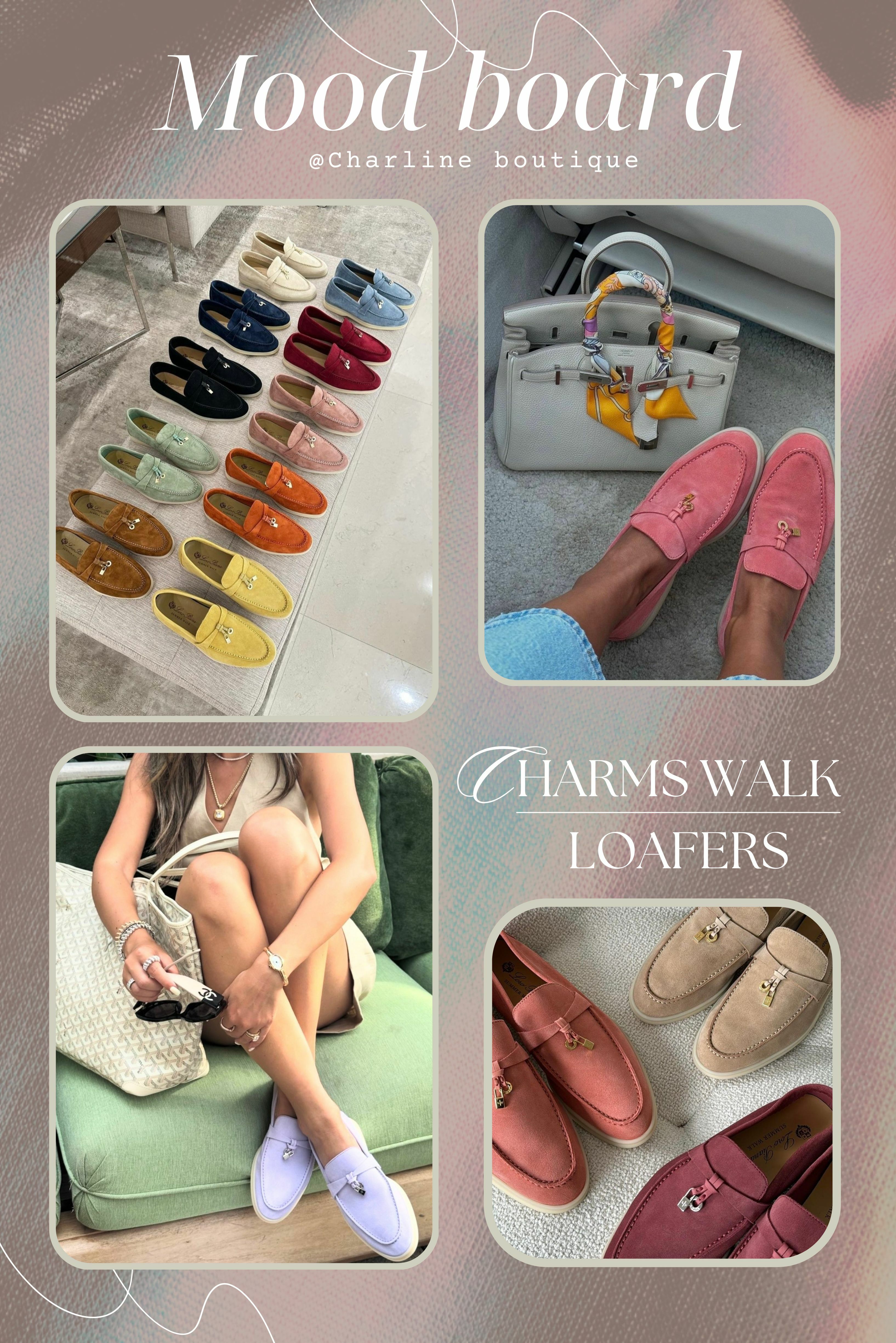 Charms Walk 樂福鞋  樂福鞋一樣顏色多到讓人選擇障礙外，跟穆勒鞋一樣也有推出拼色款及毛毛款，甚至是還推出了拼接鱷魚的款式，不單單是只有麂皮可以選擇了;除了Charms Walk 系列外Loro Piana 另外還有一款Summer Walk樂福鞋，兩者同樣擁有經典的白色橡膠鞋底，及超舒服的絨面麂皮，但是Summer Walk整體更加簡單，去除掉Charms Walk 的鎖頭設計，只有在鞋尾處添有小小的標誌，超級低調的設計，就連玄彬都是這雙鞋款的狂熱粉絲呢！不管是哪一款，都絕對是老錢風穿搭必入的鞋子之一。