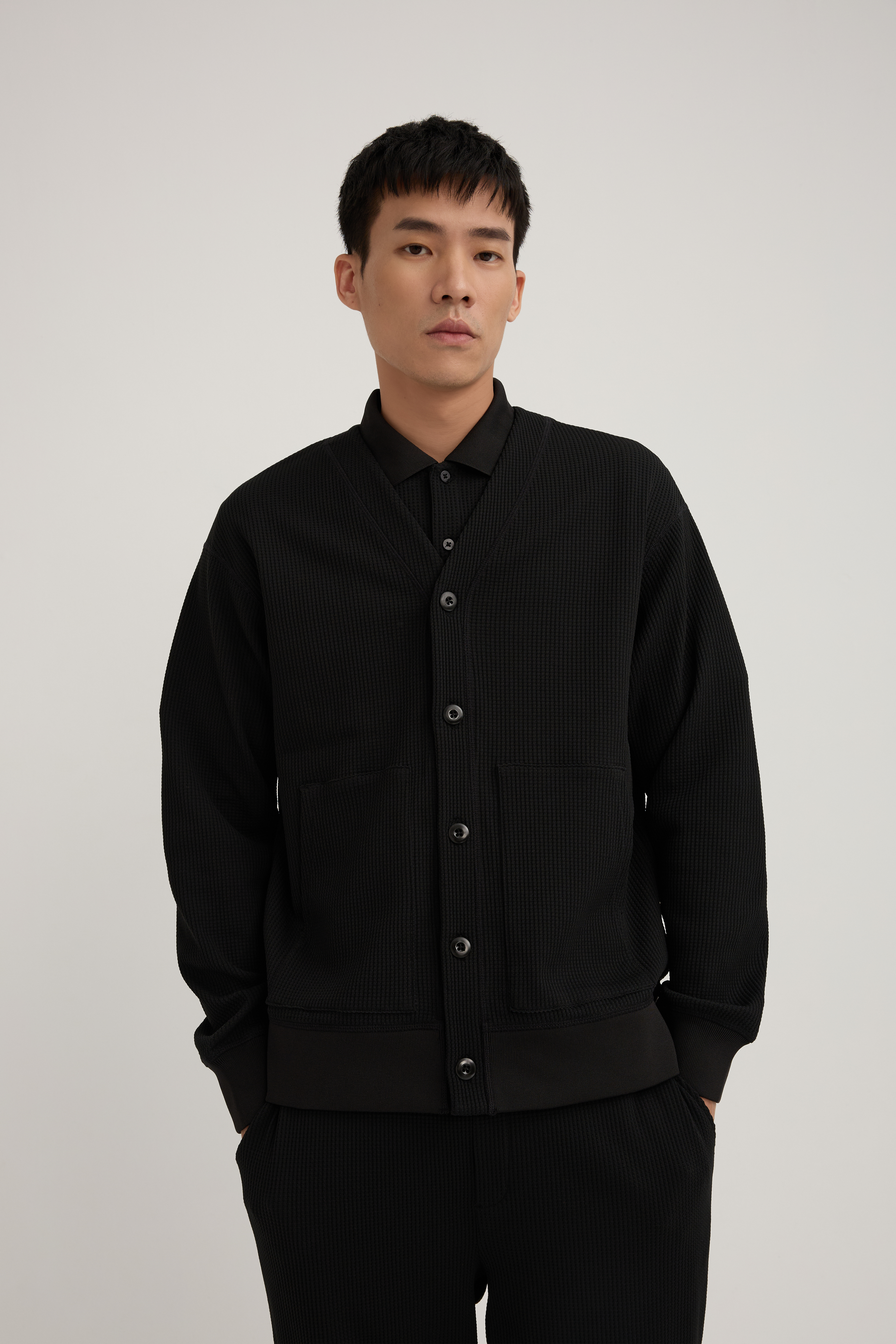 WAFFLE 開襟外套 男（黑）