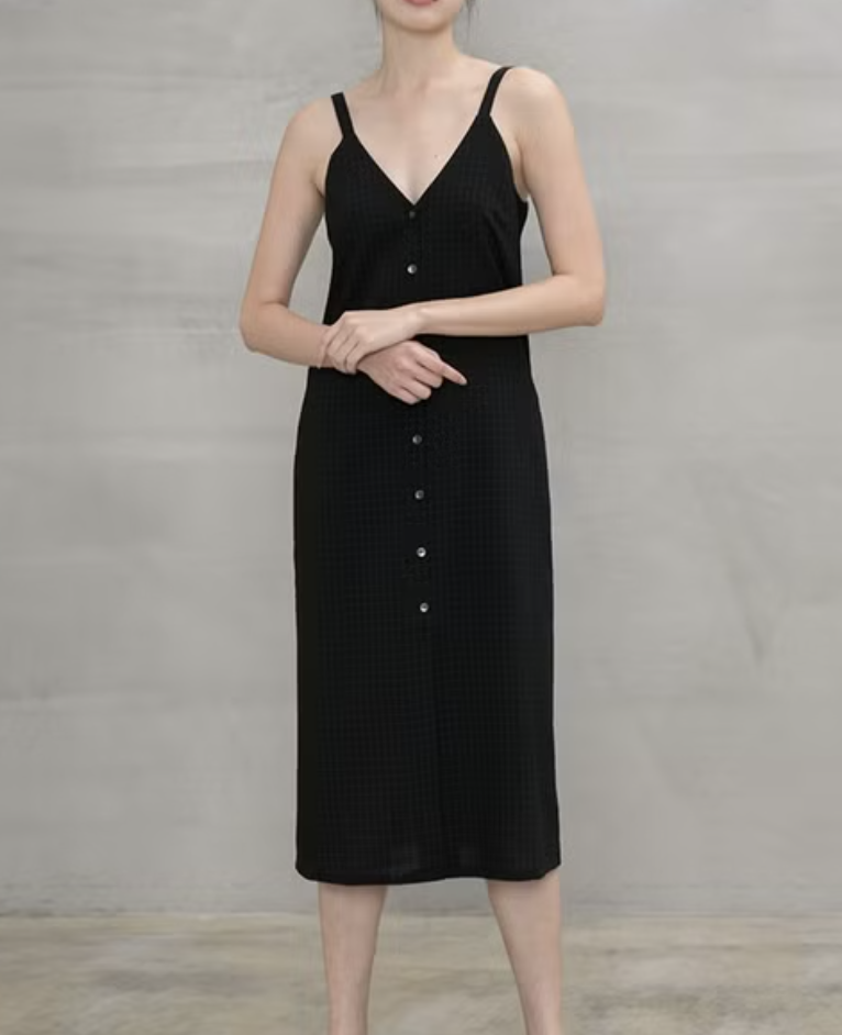 秋語排扣細肩帶格紋洋裝