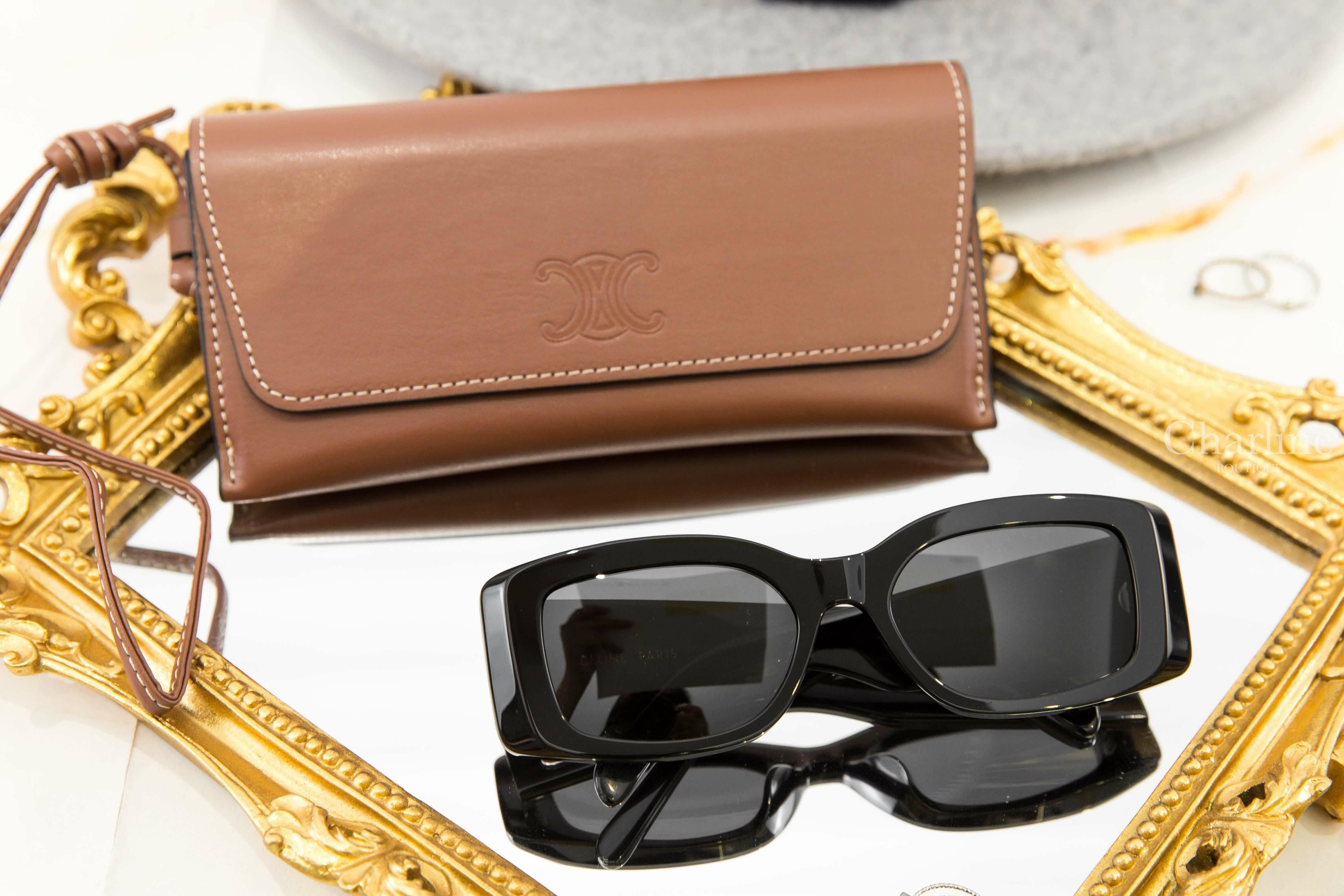 Celine Triomphe XL 01 Sunglasses In Acetate 黑色方框側邊銀色凱旋門太陽眼鏡附棕褐色凱旋門手提眼鏡盒兩件組