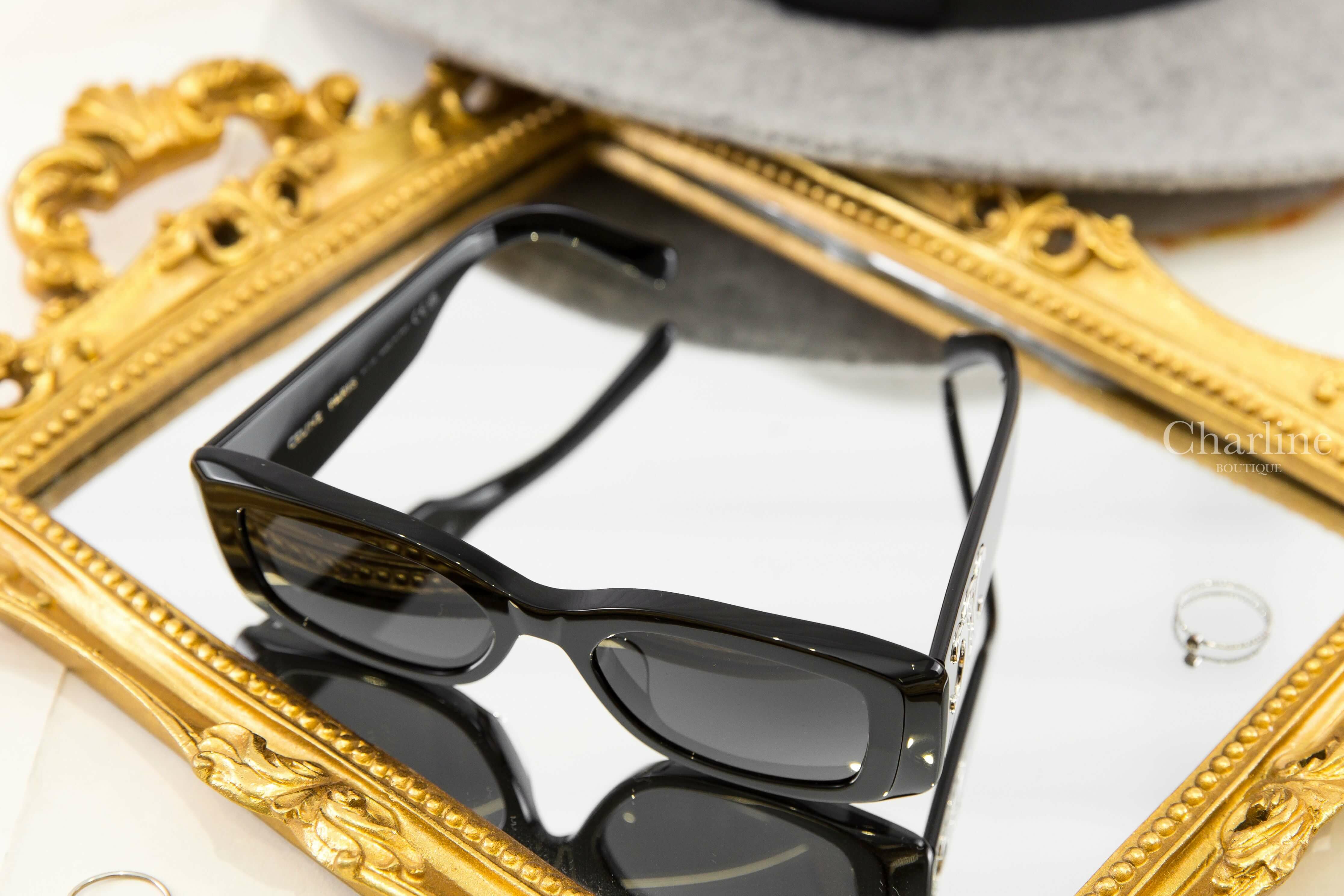 Celine Triomphe XL 01 Sunglasses In Acetate 黑色方框側邊銀色凱旋門太陽眼鏡附棕褐色凱旋門手提眼鏡盒兩件組-Charline Boutique 精品代購