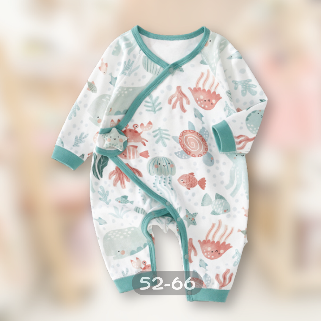 綠邊海洋世界 側扣長袖連身衣