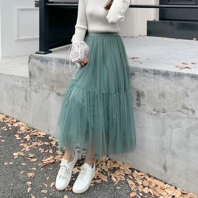 浪漫女子鬆緊腰雙層傘襬紗裙-F / 3色 (Elegant & Love)