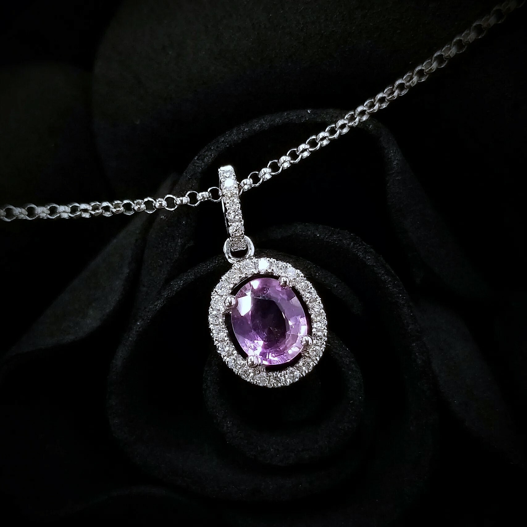 全新18K白金【單粒64份粉紅藍寶】配8份鑽石吊墜