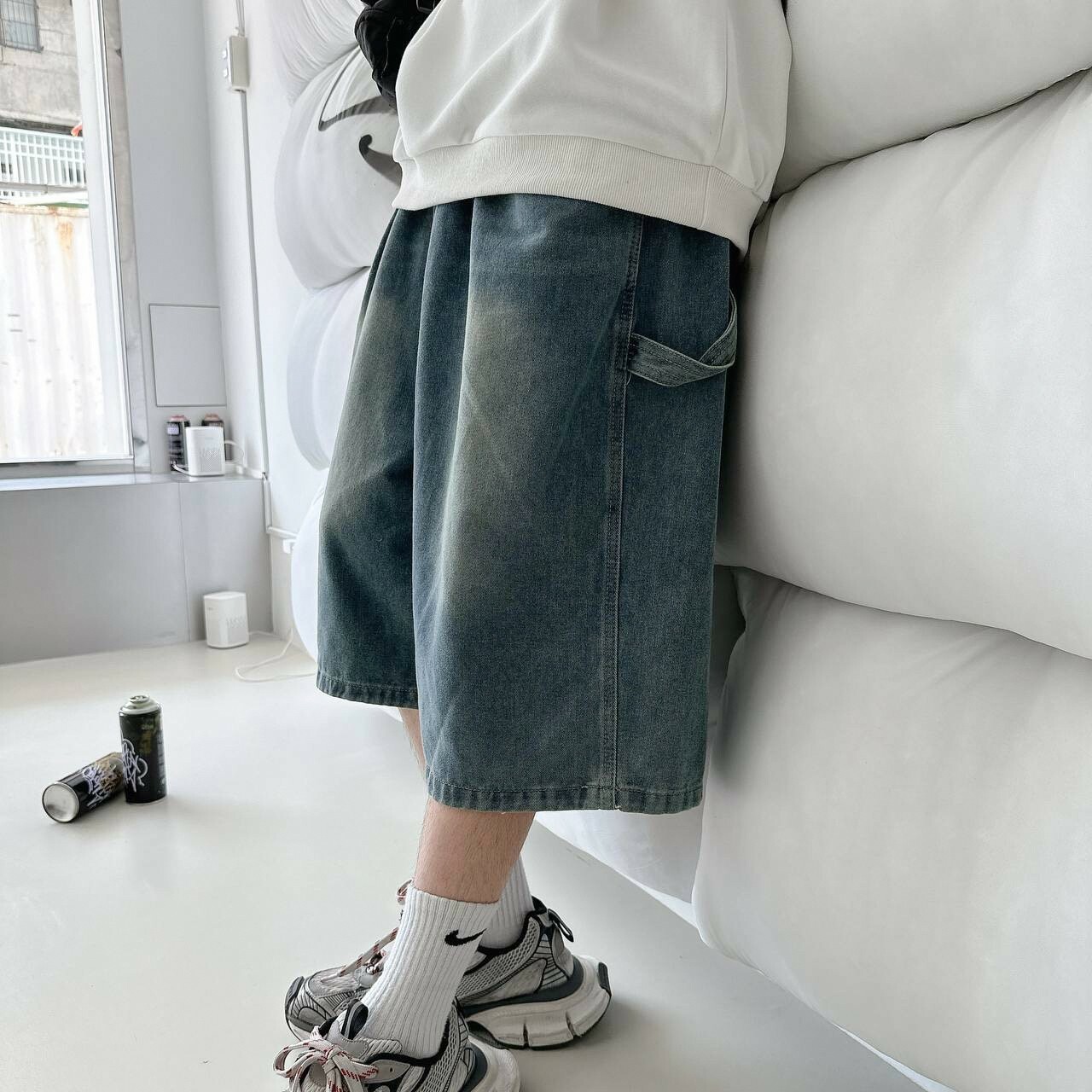 復古刷色畫家七分牛仔褲  (2colors)