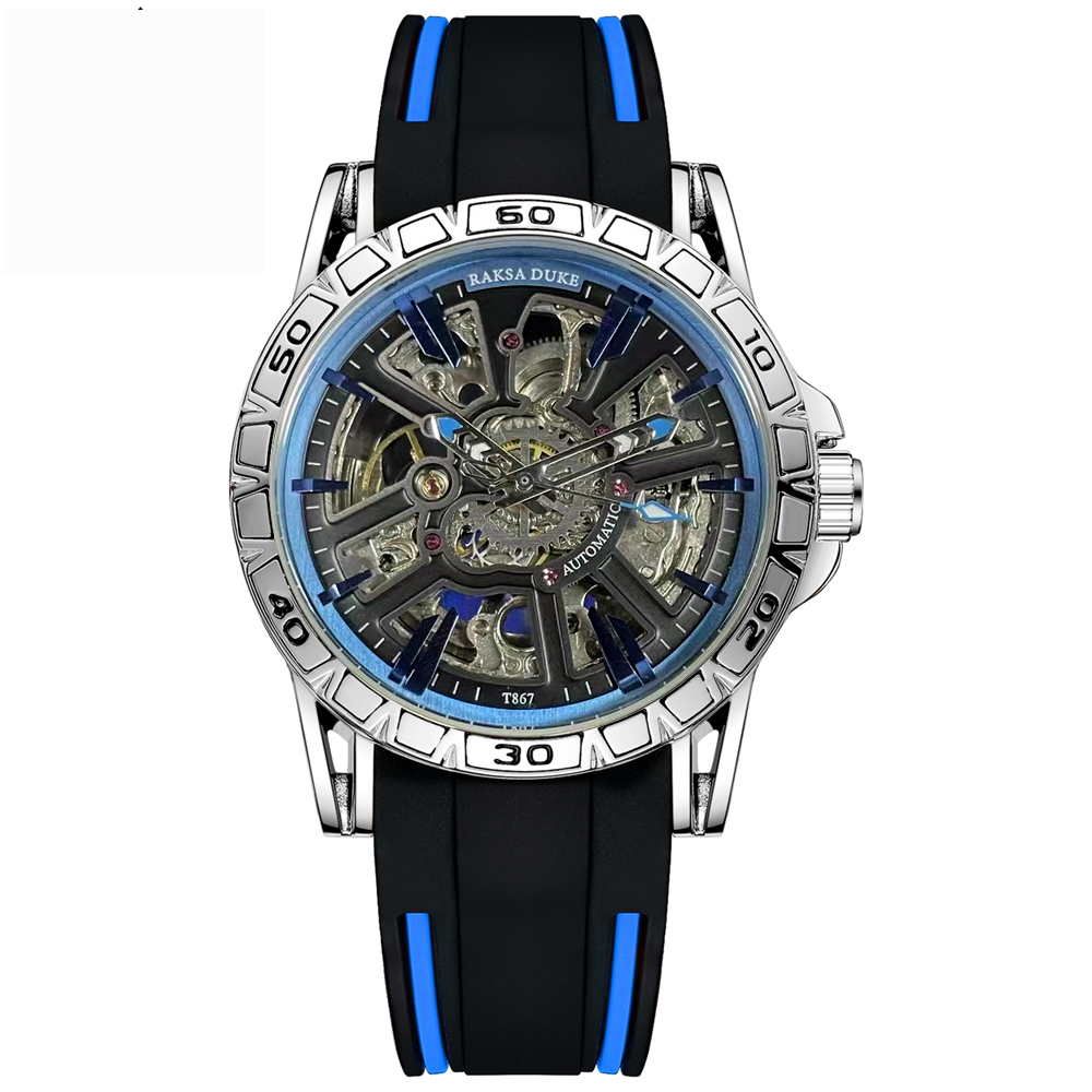 【RAKSA DUKE 羅薩公爵】RSD-033 潮流 雙面 鏤空 錶盤 夜光指針 矽膠錶帶 防水30米 機械腕錶