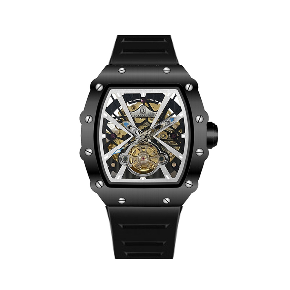【RAKSA DUKE 羅薩公爵】RSD-035 酒桶型 鏤空機械錶盤 夜光指針刻度 矽膠錶帶 防水50米 腕錶