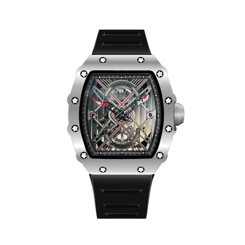 【RAKSA DUKE 羅薩公爵】RSD-036 酒桶型 漸層鏤空機械錶盤 夜光指針刻度 矽膠錶帶 防水50米 腕錶