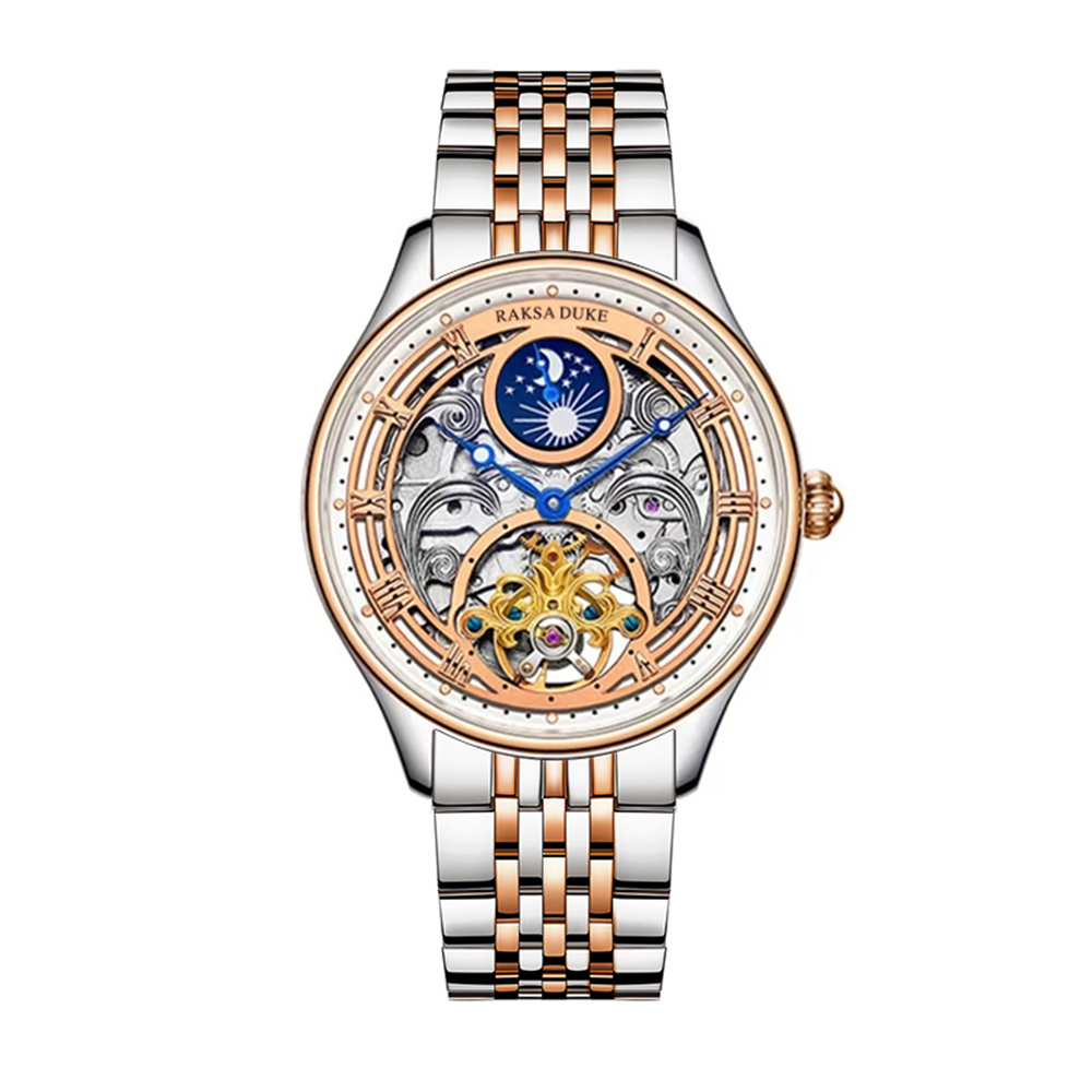 (預購)【RAKSA DUKE 羅薩公爵】RSD-037-S 鏤空機械錶盤 日月星辰 夜光指針 防水30米 不鏽鋼腕錶 42MM