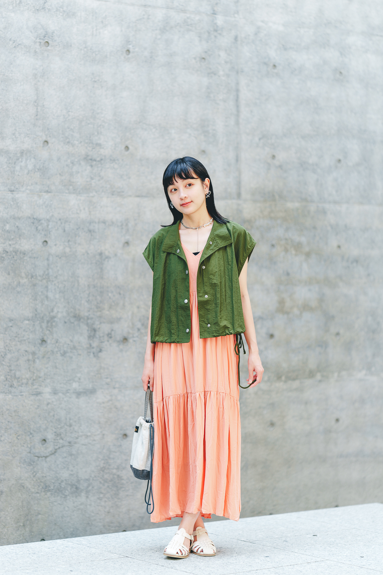 nylon夾克背心+雪紡連衣裙SET(兩色-黃茶/珊瑚朱)