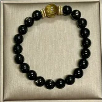 [S] GEMZ & CO ZBA 11MM HIGH END GOLDEN RUTILATED QUARTZ/8MM HYPERSTHENE BRACELET, Y91 (Y91)