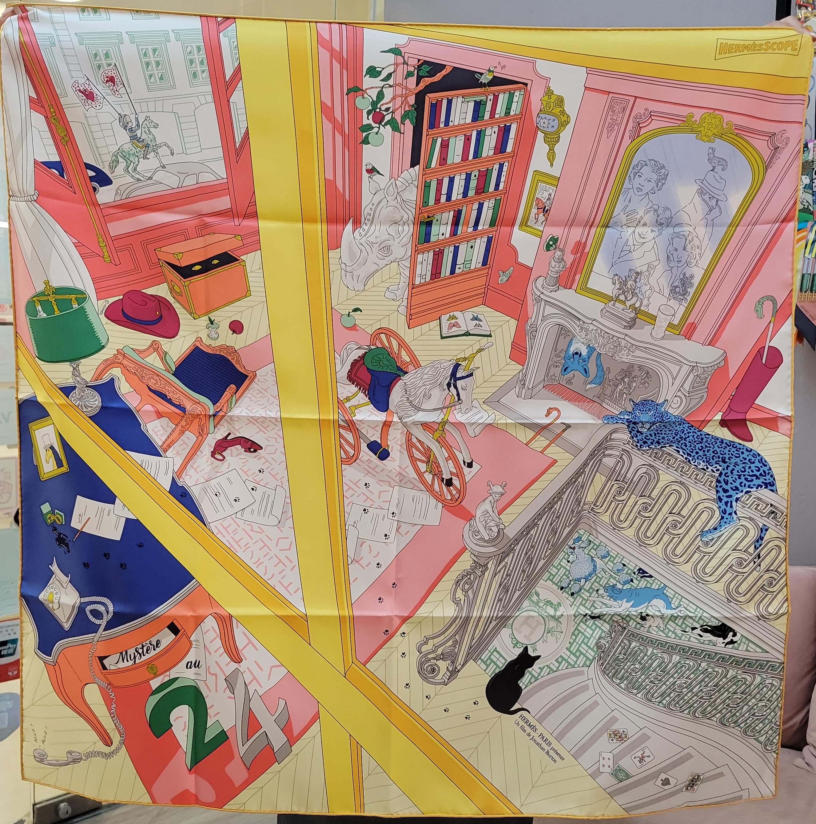 HERMES Mystere au 24 scarf 90 rose bonbon / jaune / multicolore