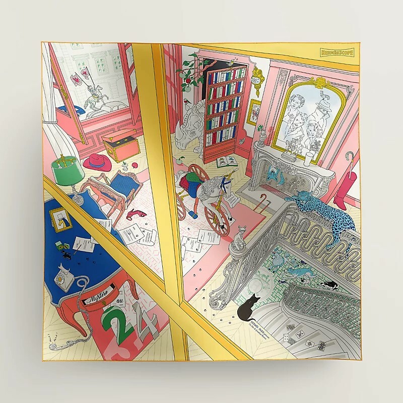 HERMES Mystere au 24 scarf 90 rose bonbon / jaune / multicolore