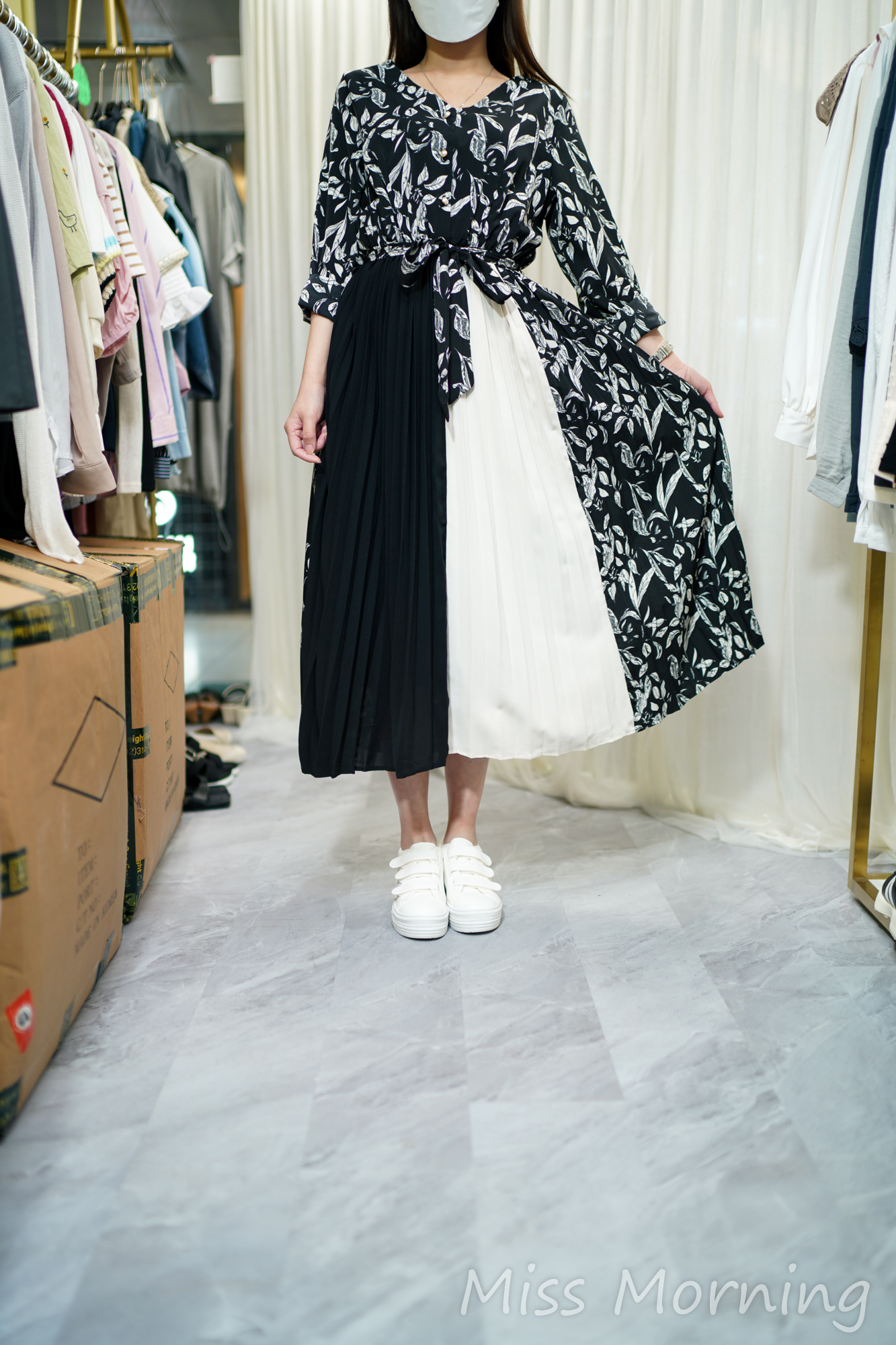 拼接拼色百摺碎花連身裙(14142)