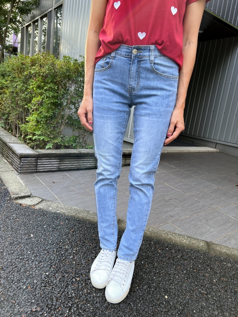 正韓where渲染藍鬆緊合身小直筒褲