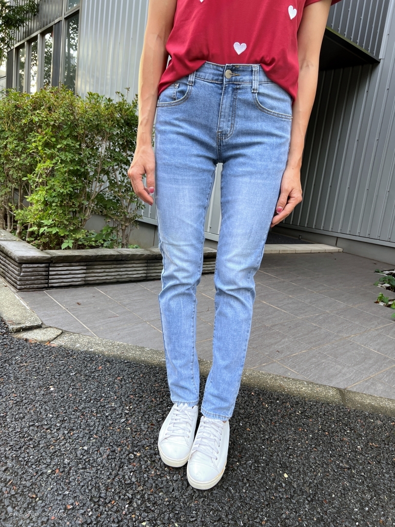 正韓where渲染藍鬆緊合身小直筒褲