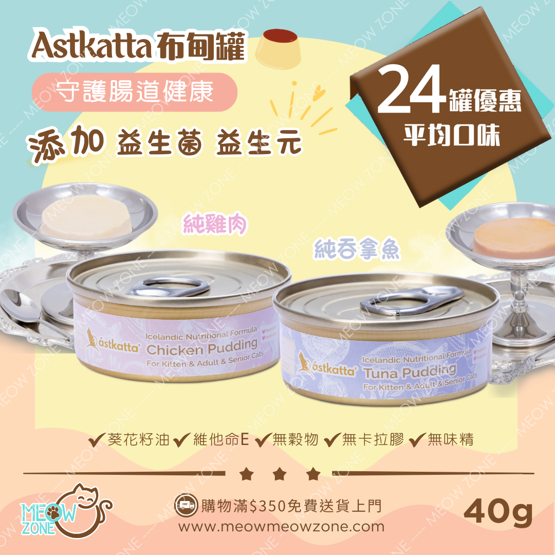【 限時試食│一套免運 】Astkatta Pudding 冰島布甸貓罐 (添加益生菌) 40g - 24罐試食裝 (平均口味)