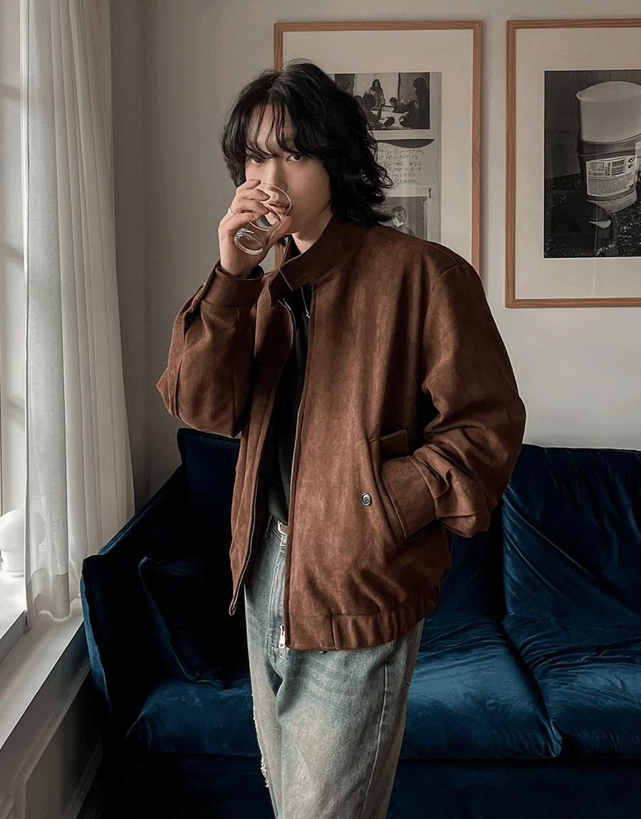 高領麂皮拉鍊外套