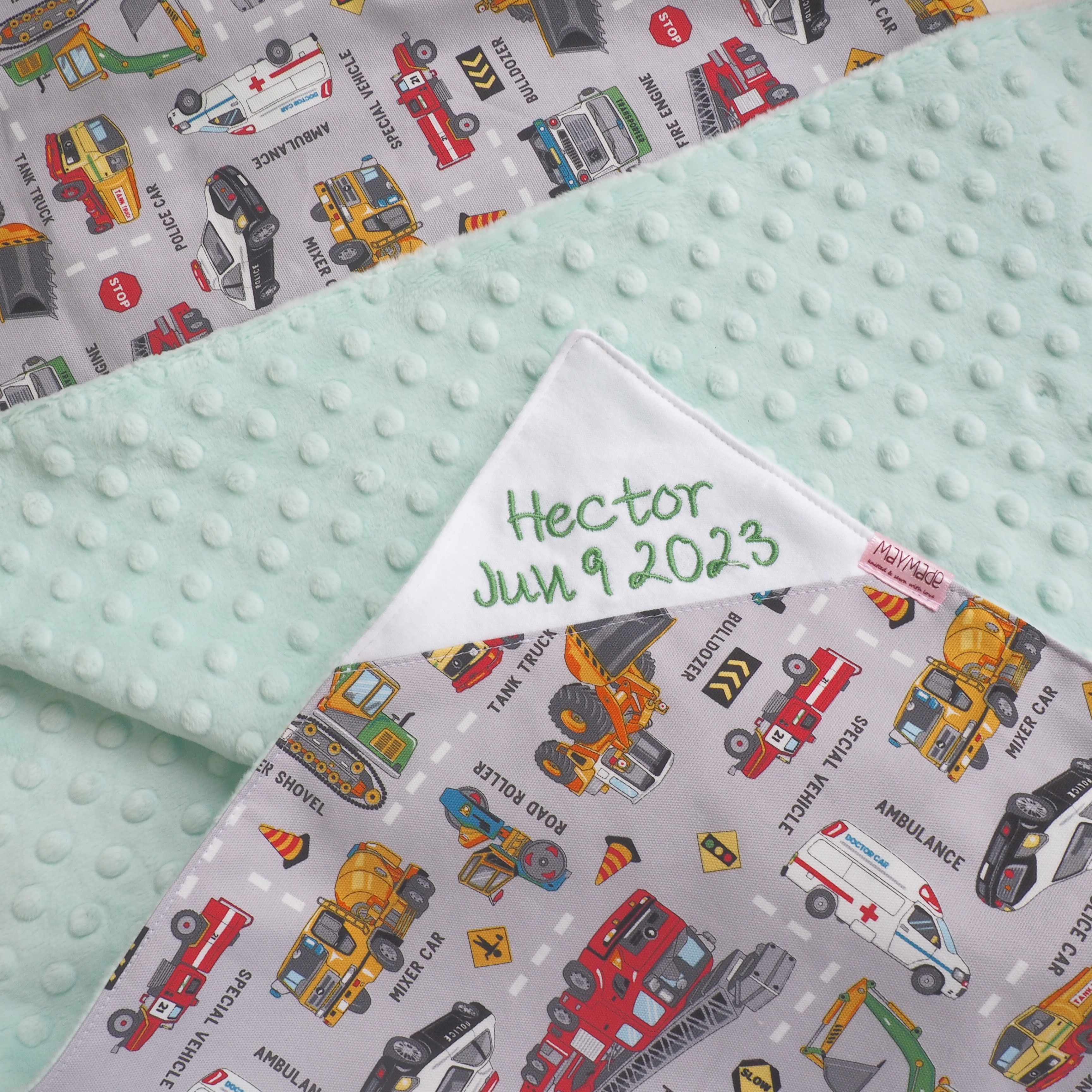 各種工作的車圖案 BB被仔 嬰兒被 可繡名