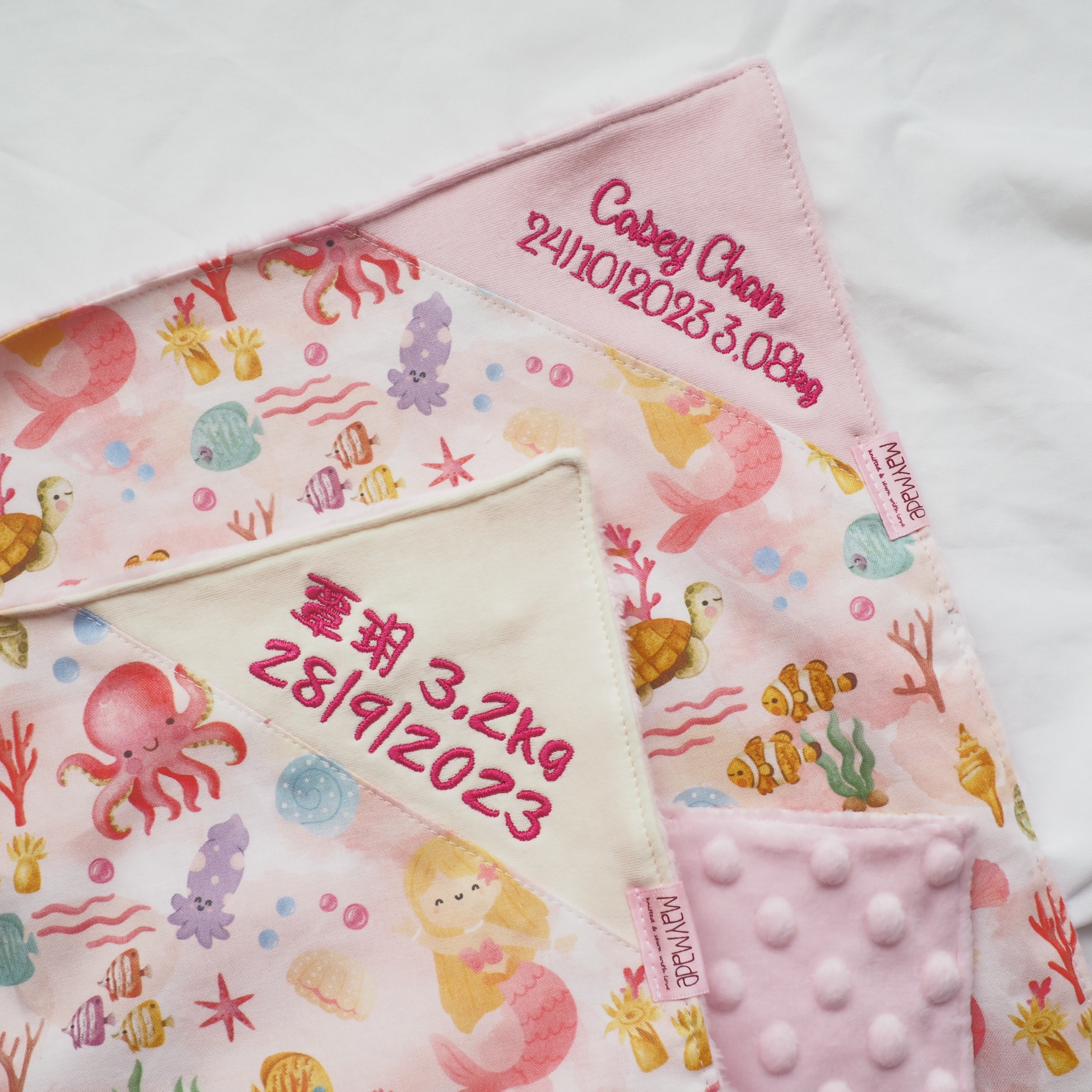 粉紅色美人魚圖案 BB被仔 嬰兒被 可繡名