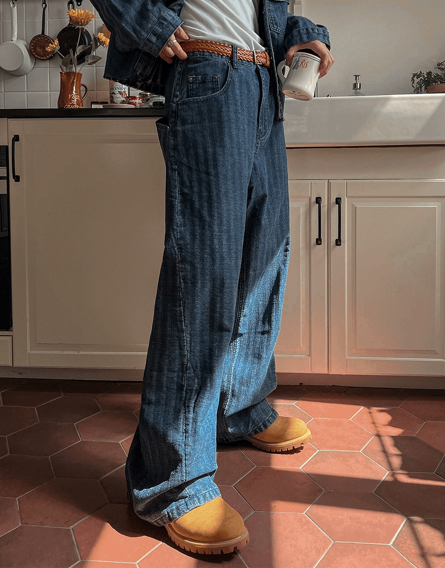 寬鬆直條紋牛仔褲