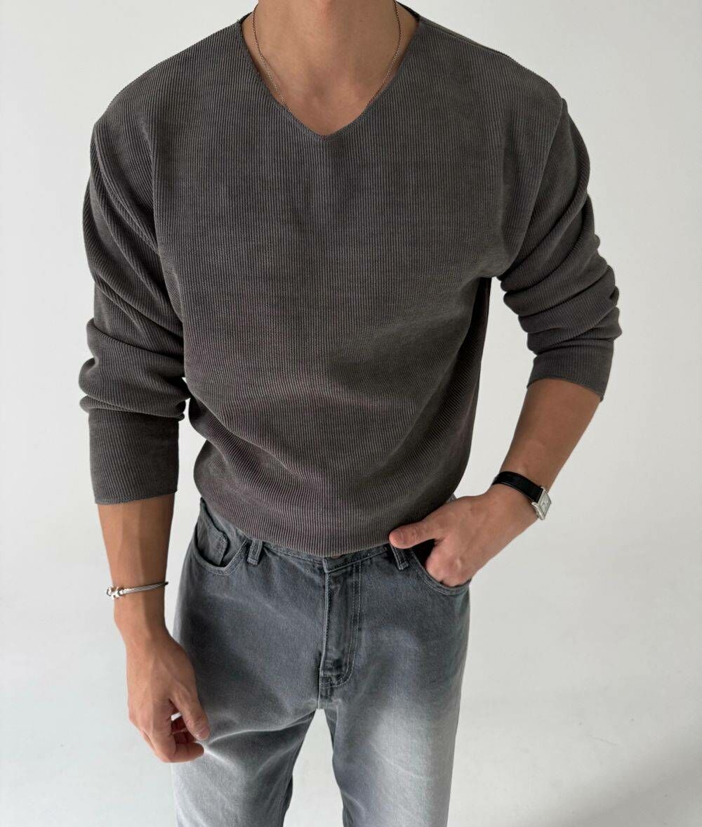 羅紋V領針織衫上衣