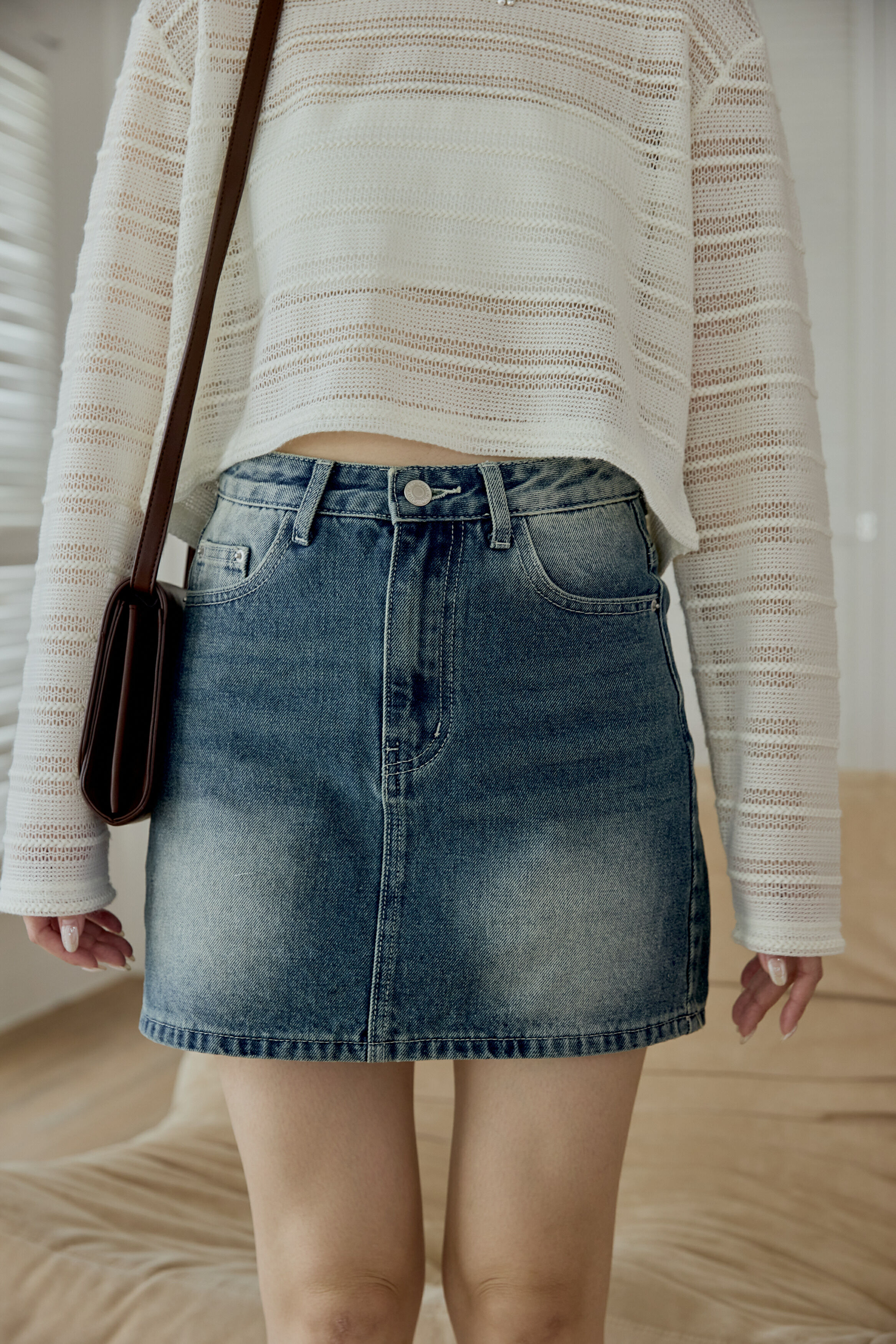 『最後現貨』guten made/不怕走光 特殊刷白工藝牛仔短裙-藍