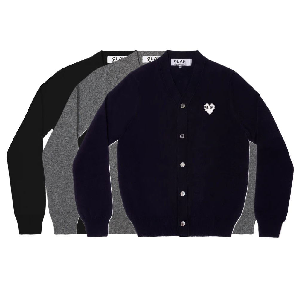 預購┃日本製男女共版川久保玲CDG PLAY 羊毛刺繡白愛心愛心V領