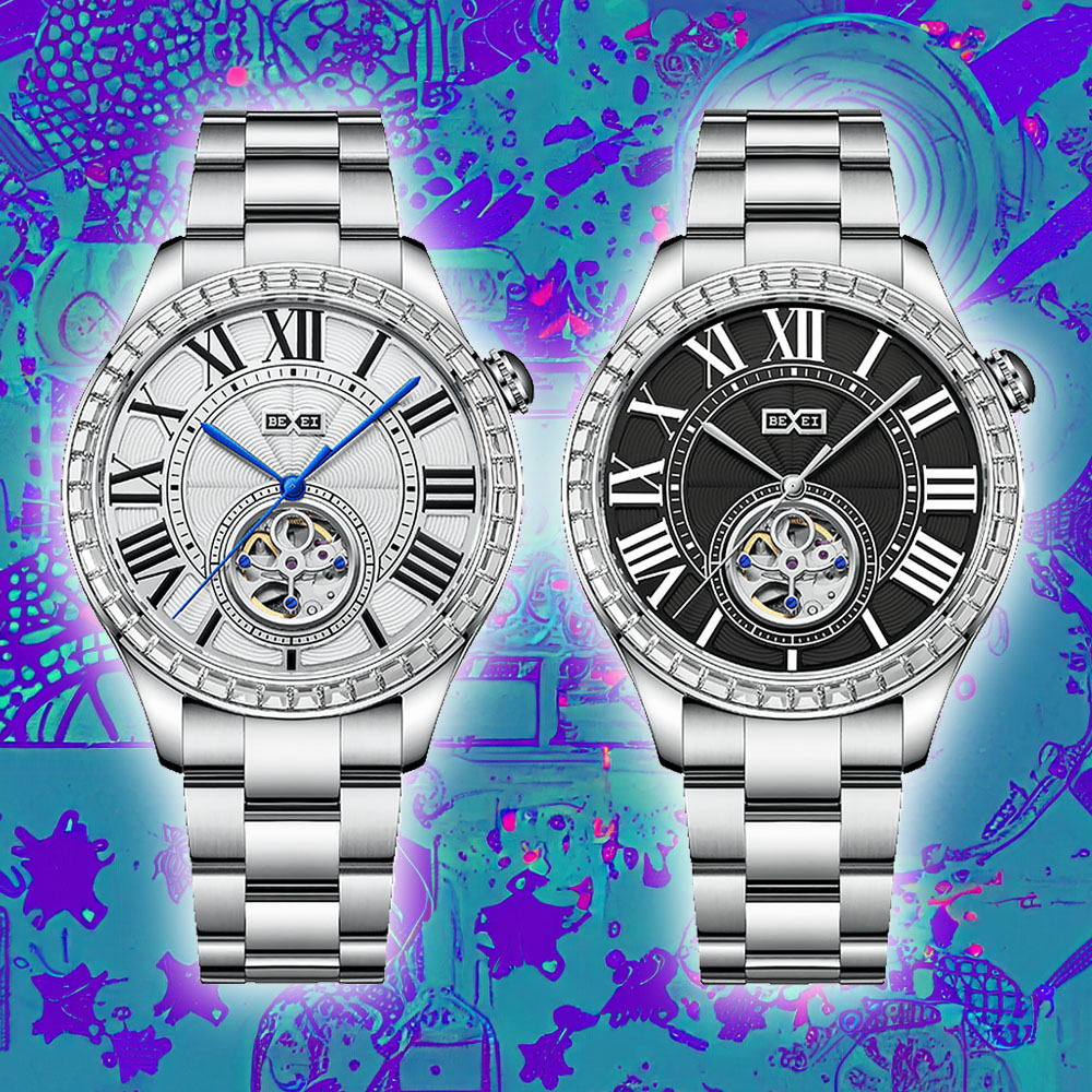 (預購)【BEXEI 貝克斯】9126 鑲鑽 羅馬字 男士 歐風 經典 都市 商務 時尚 螺旋花紋 鏤空 不鏽鋼 機械 手錶