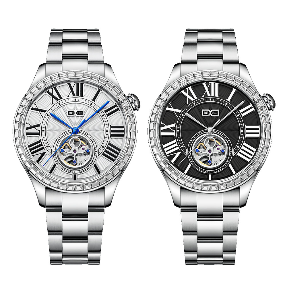 (預購)【BEXEI 貝克斯】9126 鑲鑽 羅馬字 男士 歐風 經典 都市 商務 時尚 螺旋花紋 鏤空 不鏽鋼 機械 手錶