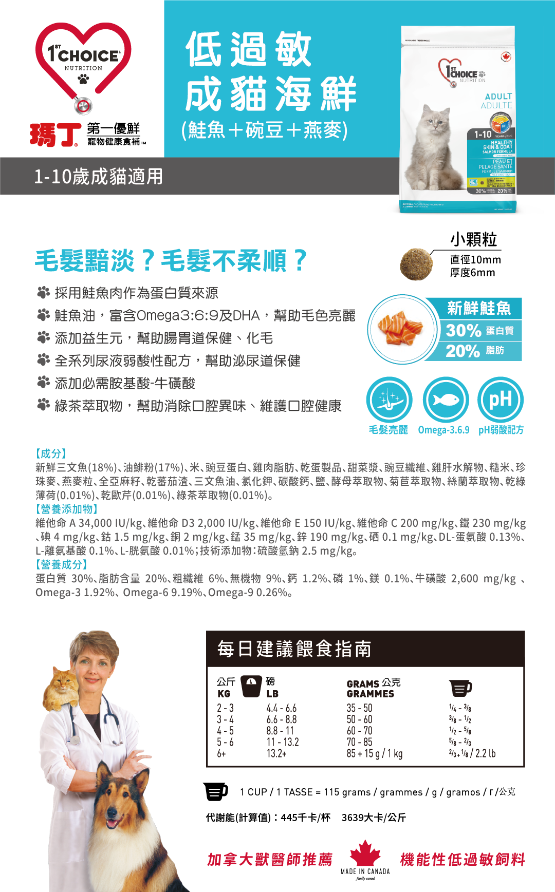 瑪丁 成貓低敏海鮮配方-商品介紹，包含：商品特色、顆粒大小、成分、添加物、營養分析、每日建議餵食量