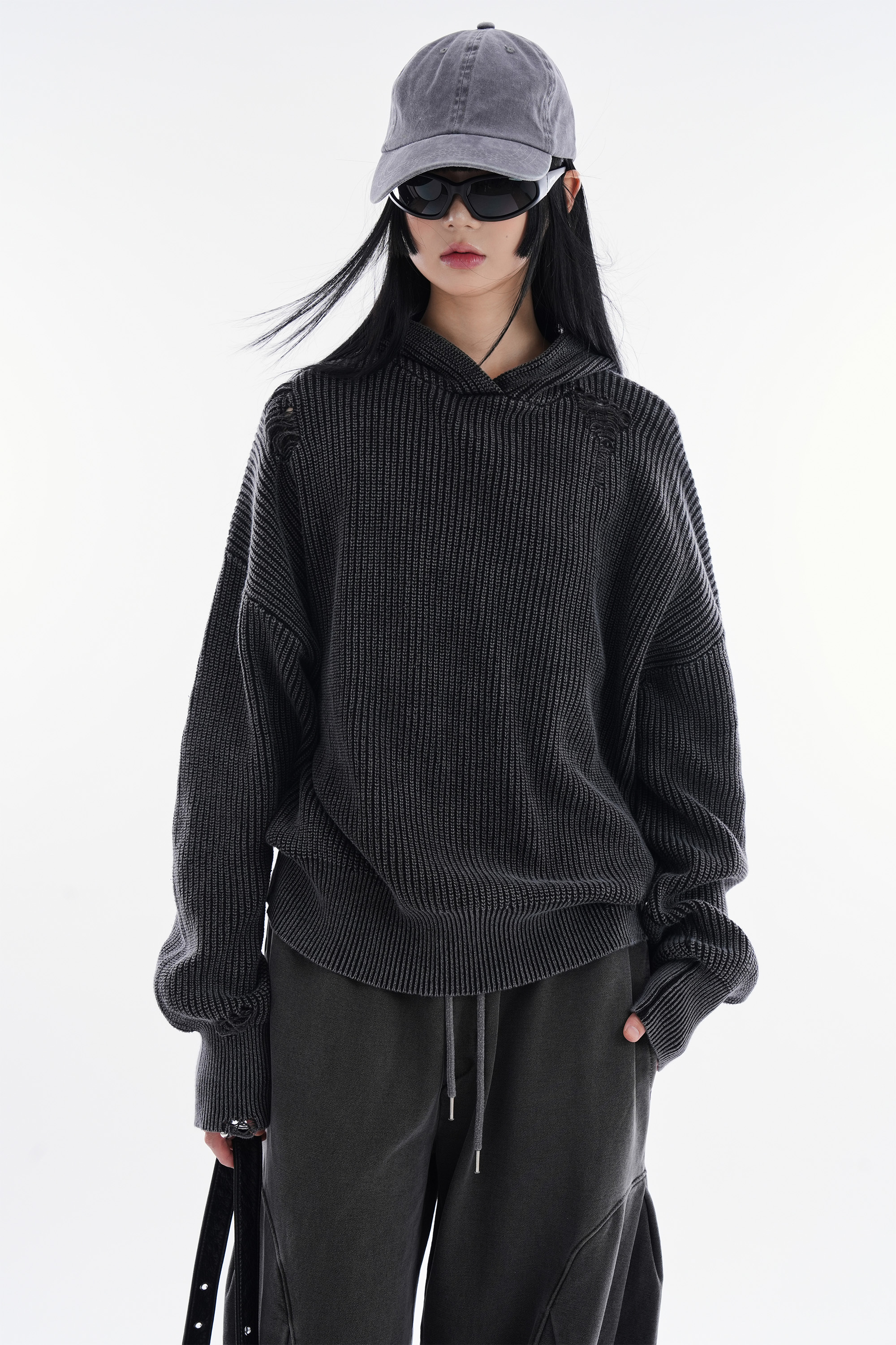 Raucohouse 破壞 流浪 廓型 針織 連帽 長袖 上衣