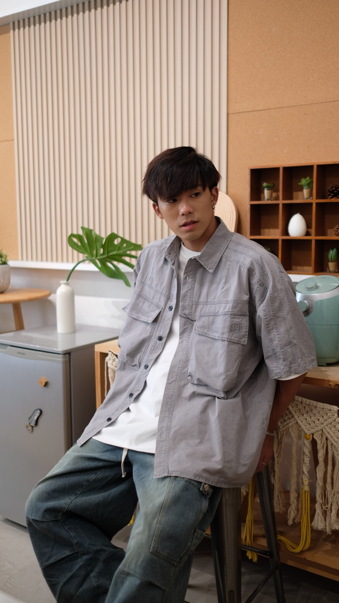 LPT0067 左右扣白繩牛仔闊褲