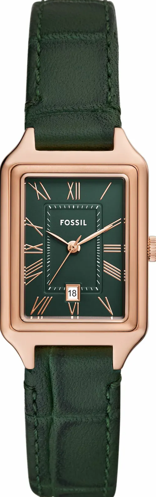 萬年鐘錶 - Fossil   Raquel   靜謐墨綠日曆方形羅馬數字皮革女錶 ES5366  錶徑23MM