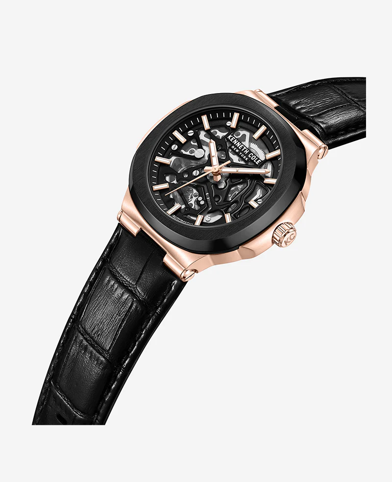 萬年鐘錶 - KENNETH COLE  美國紐約品牌  玫瑰金黑面透視機芯機械皮革男錶 KCWGX0046204  錶徑44MM