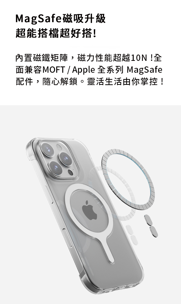 MagSafe磁吸升級超能搭檔超好搭!內置磁鐵矩陣,磁力性能超越10N!全面兼容MOFT/Apple 全系列 MagSafe配件,隨心解鎖。靈活生活由你掌控!