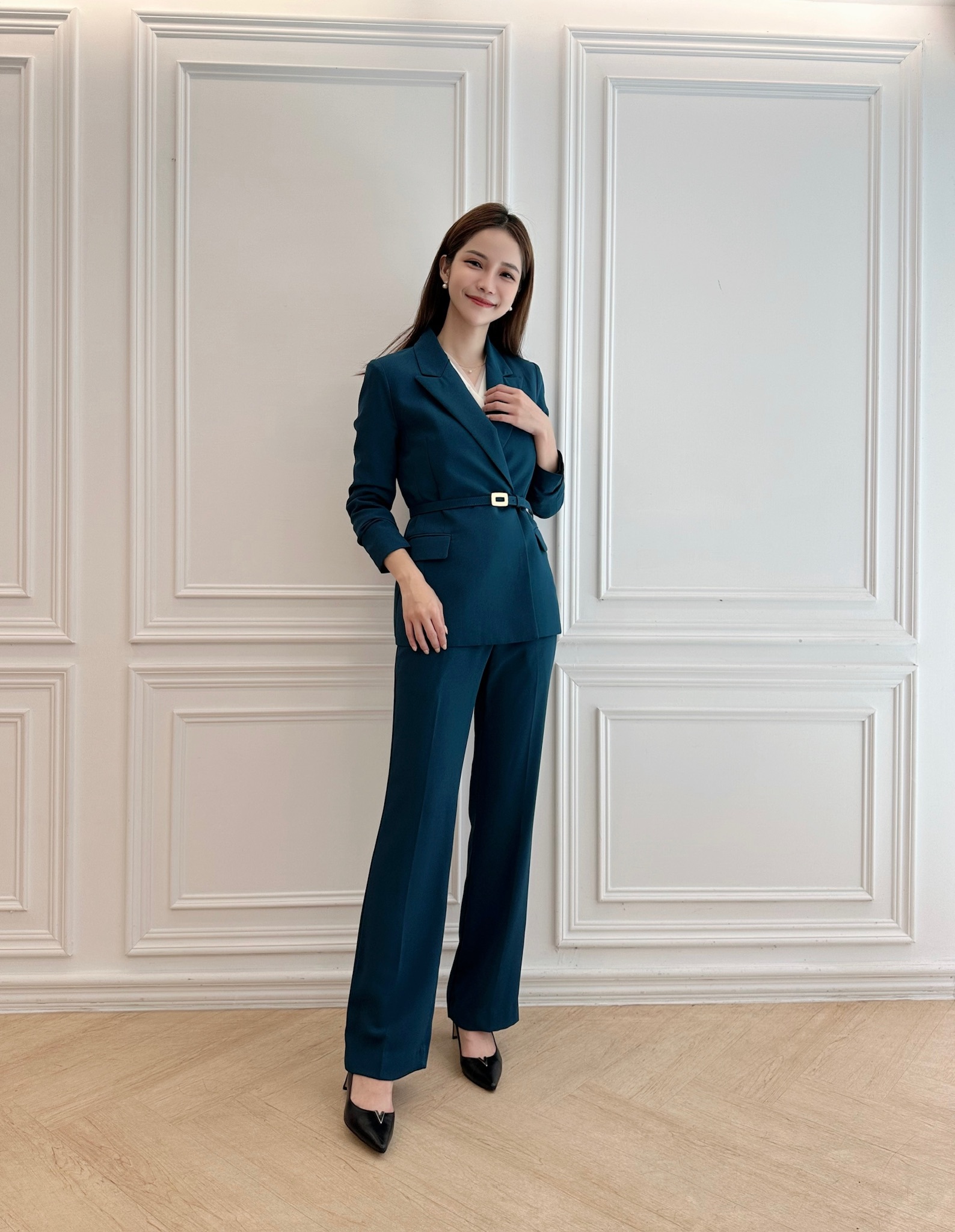 方金釦腰帶西裝套裝-藍