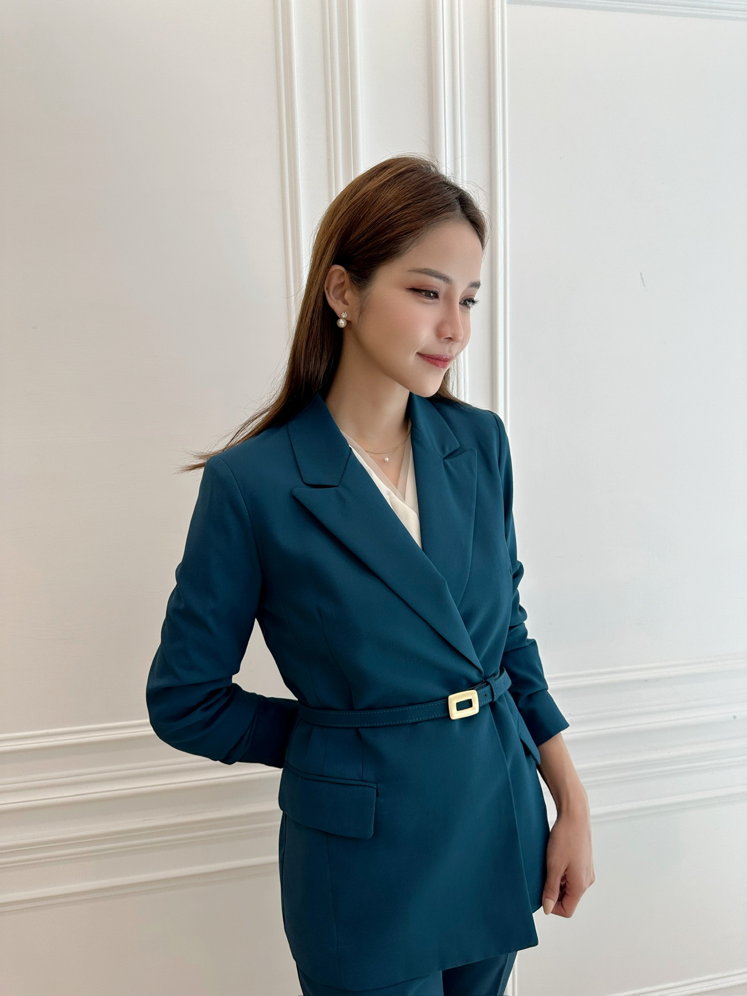 方金釦腰帶西裝套裝-藍