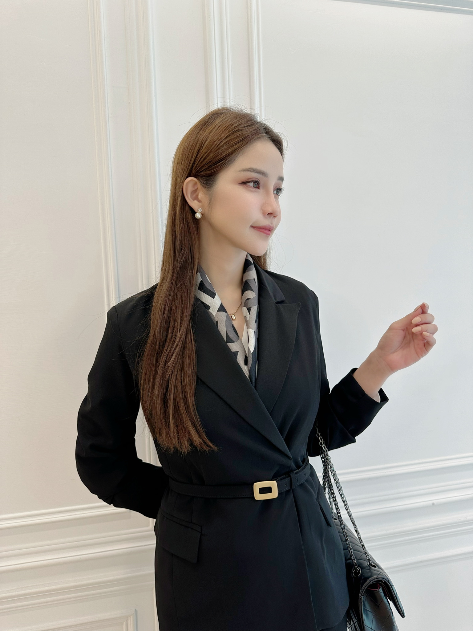 方金釦腰帶西裝套裝-黑