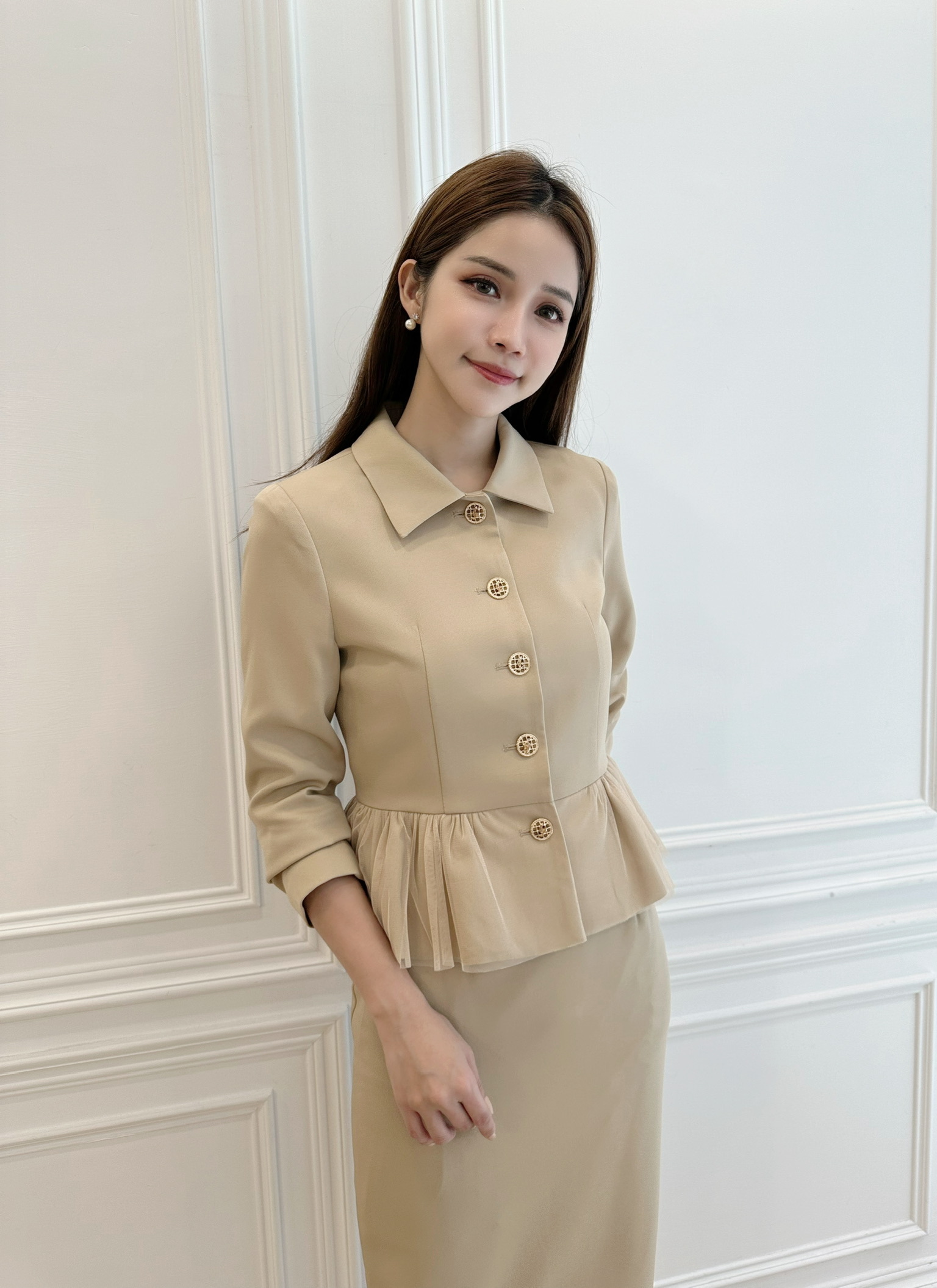 下擺拼紗西裝套裝-米