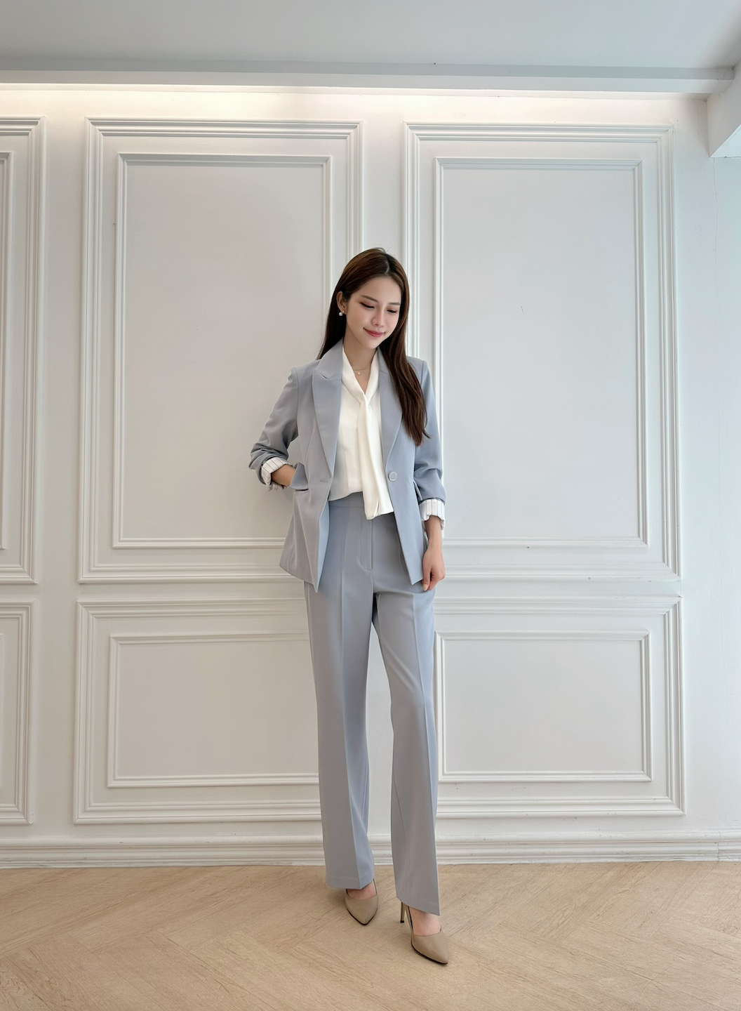 袖條紋單釦西裝套裝-灰藍