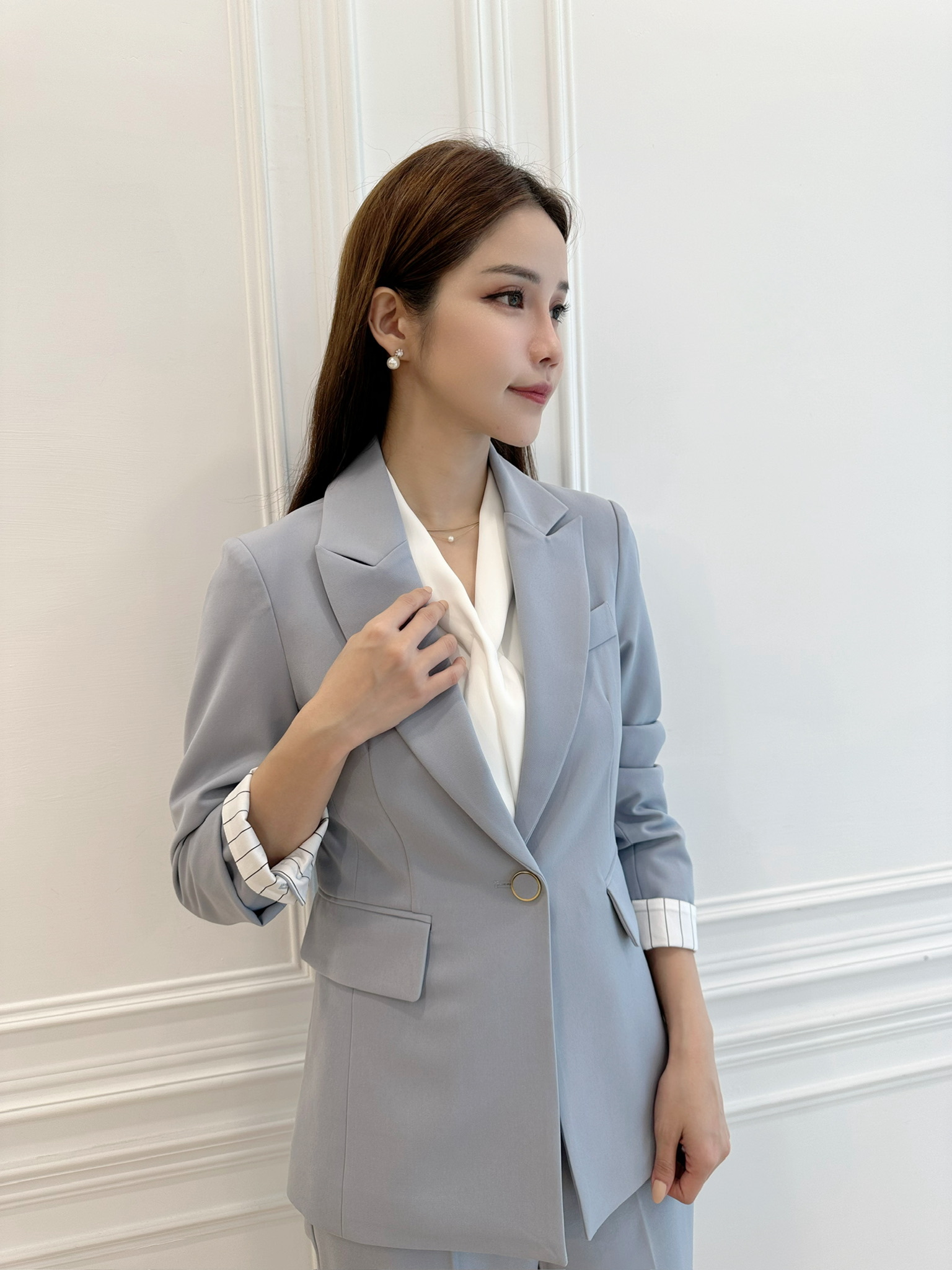 袖條紋單釦西裝套裝-灰藍