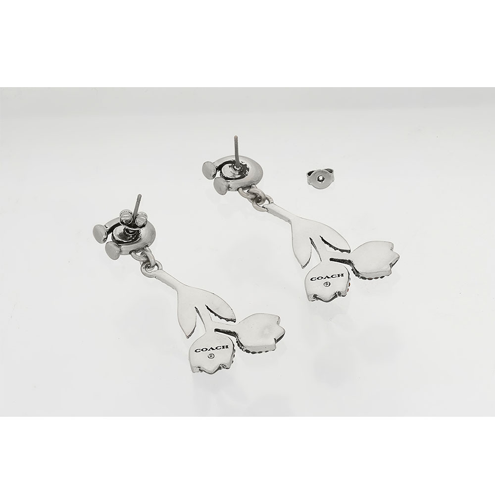 【COACH】C Logo 及琺瑯花卉墜飾針式耳環(黑色) C7193 BLC