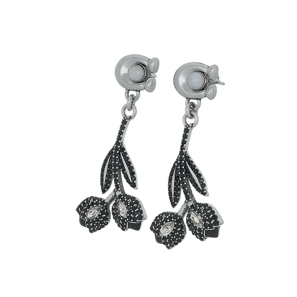 【COACH】C Logo 及琺瑯花卉墜飾針式耳環(黑色) C7193 BLC