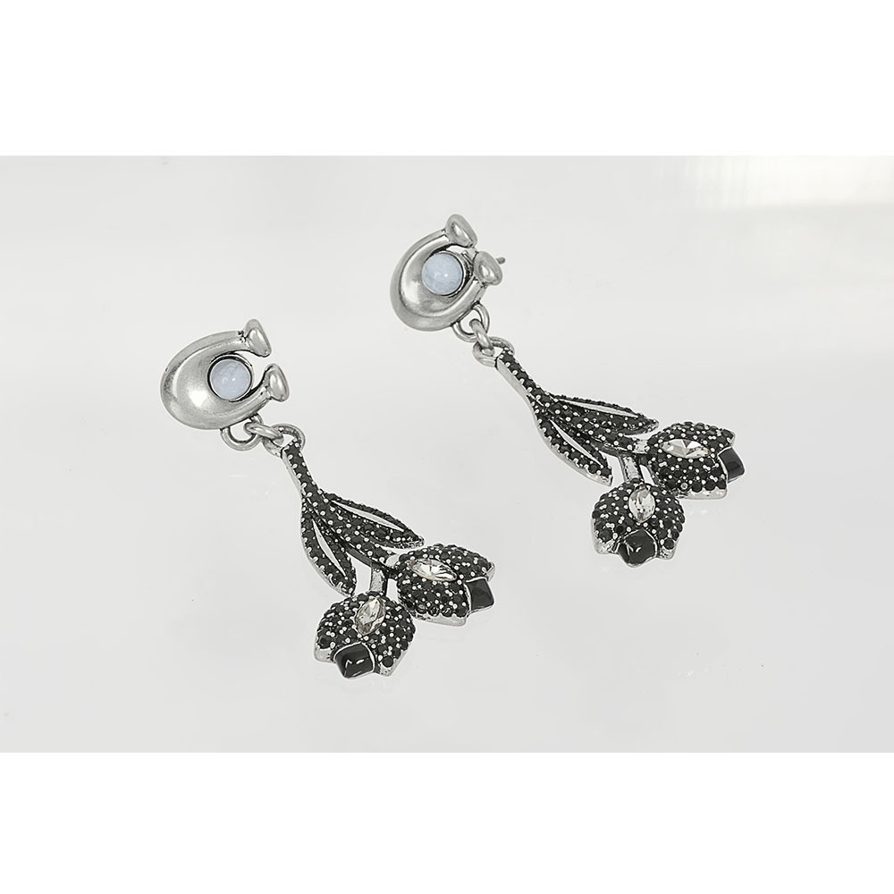 【COACH】C Logo 及琺瑯花卉墜飾針式耳環(黑色) C7193 BLC