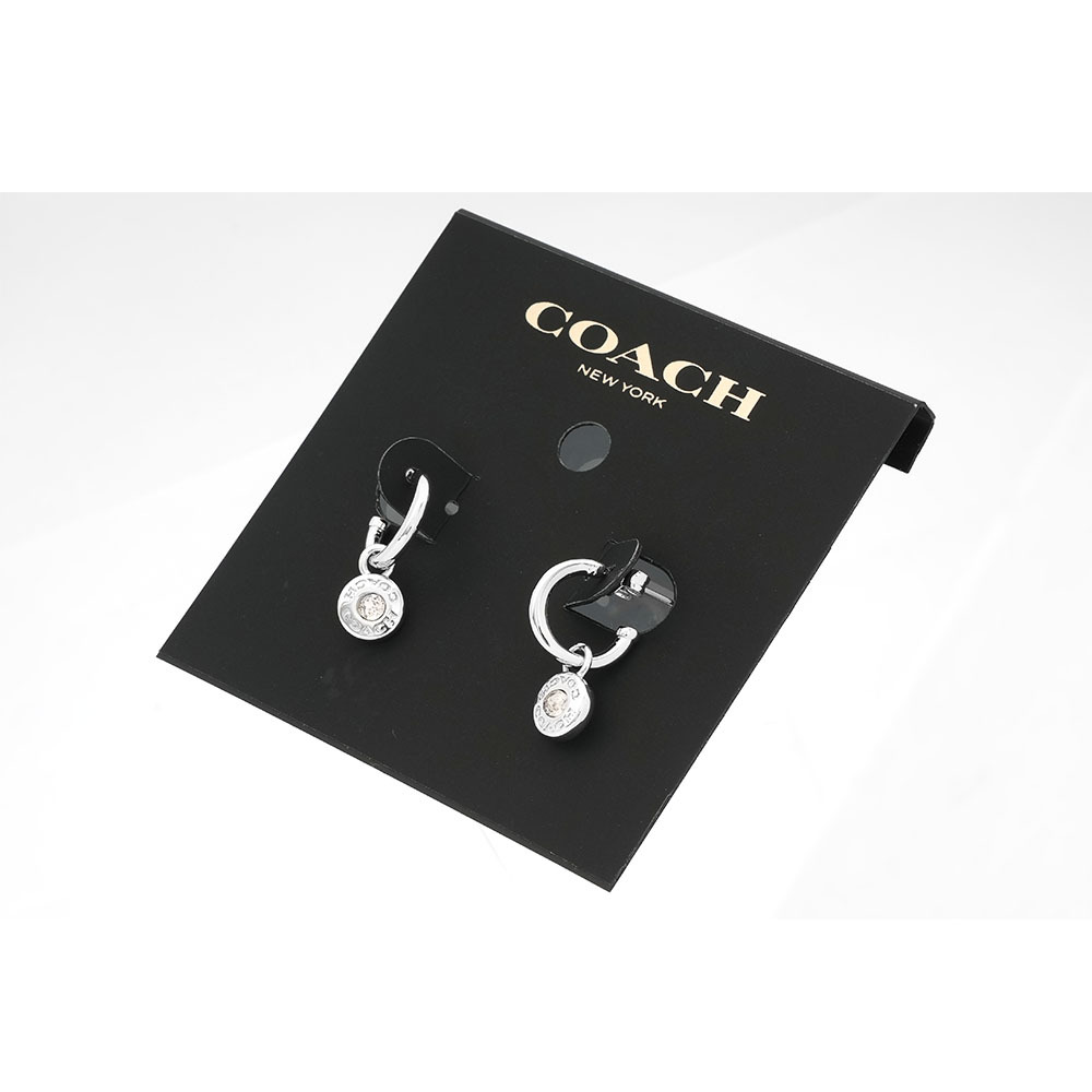 【COACH】水鑽圓形吊墜馬蹄形針式耳環(銀色) CV256 SLV